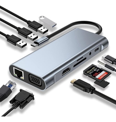 11 En 1 Adaptador Usb Tipo C Multipuerto Usb Hub Hdmi, Vga,usb 3.0, Sd, Ethernet Rj45, Aux Para Macbook Pro Mac iPad Portatil Laptop Computadora Concentrador Android, Linux, Windows, Macos - $ 289.42