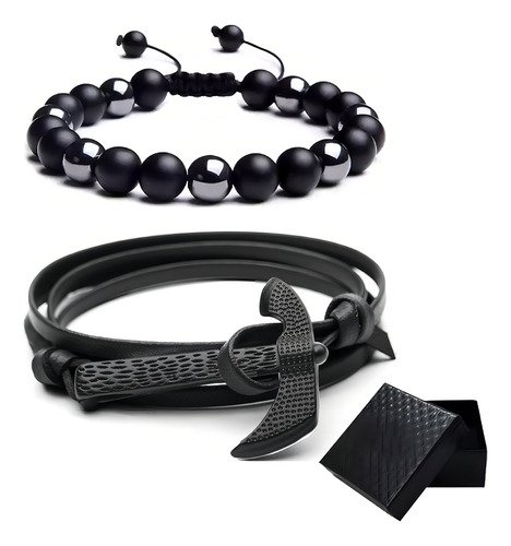 2 Pzs Brazalete De Cuentas Obsidiana Y Pulsera Hombre Hacha Diámetro 21 cm - $ 95.04