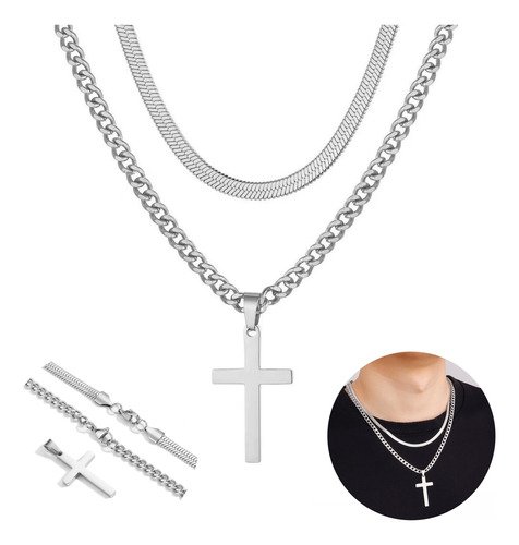 2pzs Collar Cadena Cruz Dije De Acero Inoxidable Para Hombre - $ 119.97