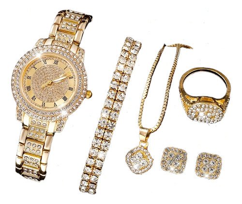 6 Pcs Reloj Unisex De Lujo Con Diamantes+joyas Y Accesorios - $ 139.88
