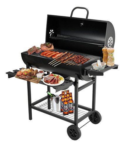 Asadores carbon de barril móvil con ruedas termómetro y mesa auxiliar acero inoxidable negra Linfy - $ 1,830.84