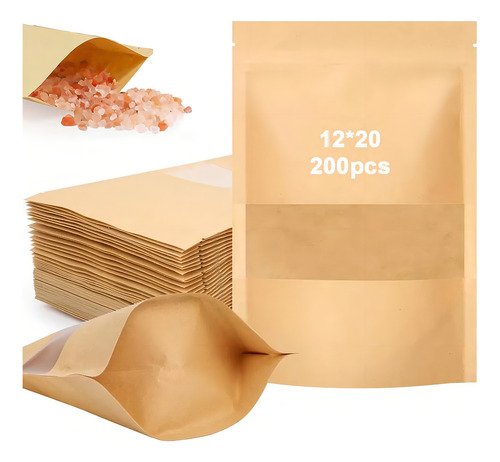 Banna 200 Bolsas Stand Up Pouch Kraft Con Ventana Para 100g,bolsas Con Ventana Y Cremallera De Sellado, Bolsas Resellables Para Dulces, Accesorios, Snacks, Joyas Y Más, (amarillo, 12 X 20 Cm) - $ 223.5