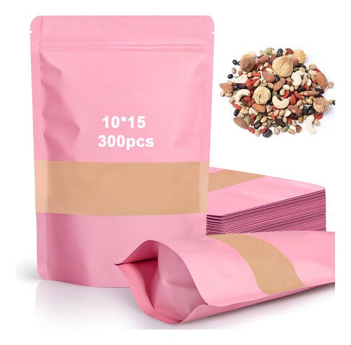 Banna 300 Bolsas De Papel Kraft Negras O Rosas Con Ventana, 50 G,bolsas Con Ventana Y Cremallera De Sellado, Bolsas Resellables Para Dulces, Accesorios, Snacks, Joyas Y Más, (rosa, 10 X 15 Cm) - $ 79.6