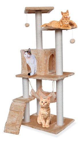 Casa Mueble Rascador Para Gato Multinivel Torre Poste Hamaca Color Beige - $ 899.55