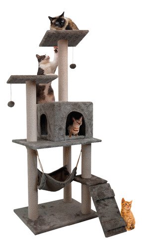 Casa Mueble Rascador Para Gato Multinivel Torre Poste Hamaca Color Gris - $ 899.55