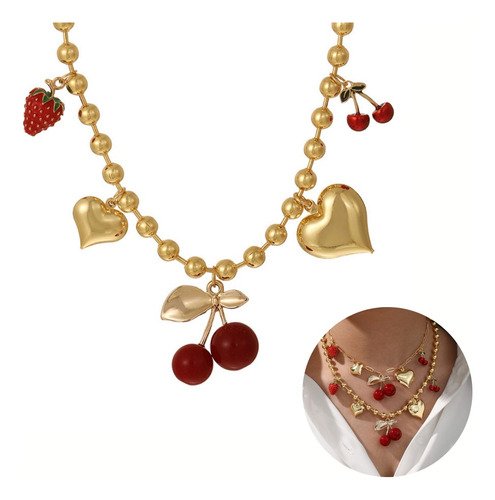 Collar Dijes De Cerezas Corazones Fresas Cadena Chapa Oro - $ 403.75