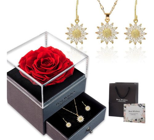 Collar Y Pendientes Colgantes De Girasol, Con Caja De Regalo De Rosas Eternas Y Tarjeta De Felicitación, Regalo De Joyería De Moda,regalos Para Chicas Y Amigas, San Valentín, Día De La Madre Presente - $ 199