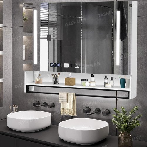 Dashline Espejo de LED de baño Gabinete Antivaho Touch Tricolor de 80 X 80 cm con Almacenamiento Baño espejo de maquillaje - $ 1,809.6