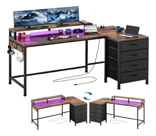 Escritorio Reversible Forma De L Con 4 Cajones Y Luces Led - $ 1,799.99