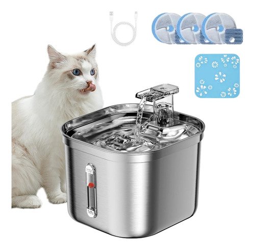 Fuente 2.2l Para Gatos De Acero Inoxidable 304 Más Saludable Y Bebedero Perro Dispensador Automático Silencioso Con Kit De 3 Filtros Y Alfombrilla Impermeable De Silicona Y Cable Usb De 2m - $ 532.8