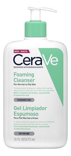 Gel Cerave Limpiador Espumoso Piel Normal A Grasa Sin perfume De 473 Ml Día y Noche - $ 299