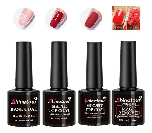 Kit Gel Base + Top Coat +top Mate+ Removedor Mágico Gel 10ml - $ 105.28