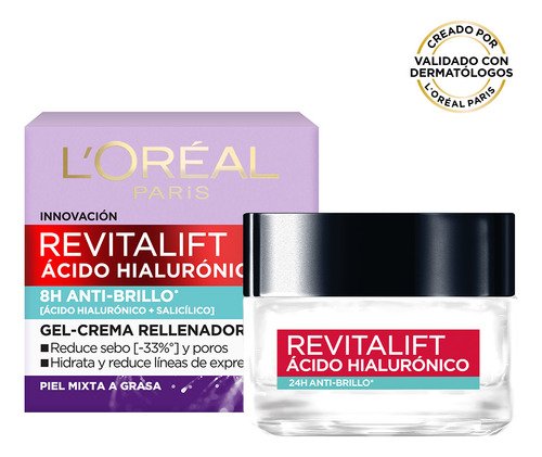 L"Oréal Paris Revitalift Gel Crema Facial con Ácido Hialurónico y Salicílico, Control Antibrillo, Piel Grasa, 50ml - $ 159