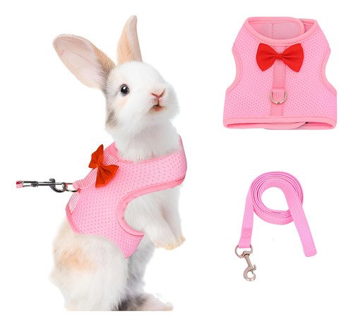 Pechera Arnés Comoda Rosa Con Correa Seguridad Para Conejo - $ 84.71