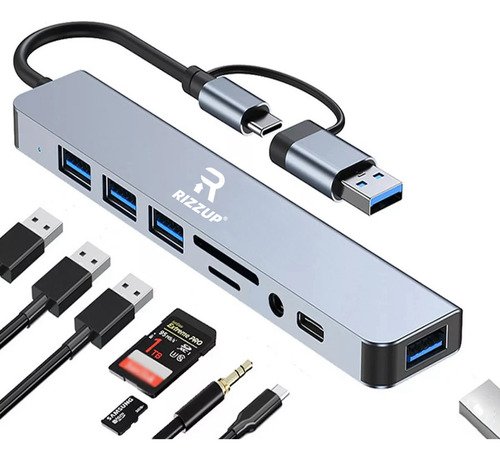 Rizzup® RZU-8EN1 Adaptador Usb Tipo C Multipuerto Hub Puertos Splitter Accesorios Para Macbook Pro Mac iPad Portatil Laptop Computadora Concentrador 8 En 1 - $ 157.92
