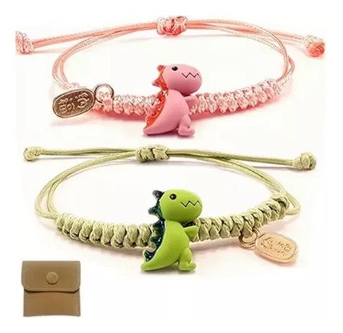 Set 2 Pulseras Ajustables Dinosaurios - Verde Y Rosa Bonita Pulsera Pareja Más Bolsa De Joyería - $ 125.16