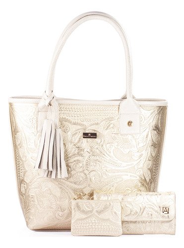 Set De Bolsa, Cartera Y Monedero, Piel Grabada 3 Piezas Moda Color Oro Diseño de la tela Set Soraya - $ 2,849.55