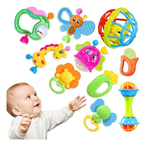 DOUAD 10 Piezas Sonajeros y Mordedores para Bebé Juguetes de Estimulación Temprana Material Seguro y Colorido Fáciles de Agarrar Desarrollo Sensorial Motriz Regalo Ideal Recién Nacido - $ 148.99