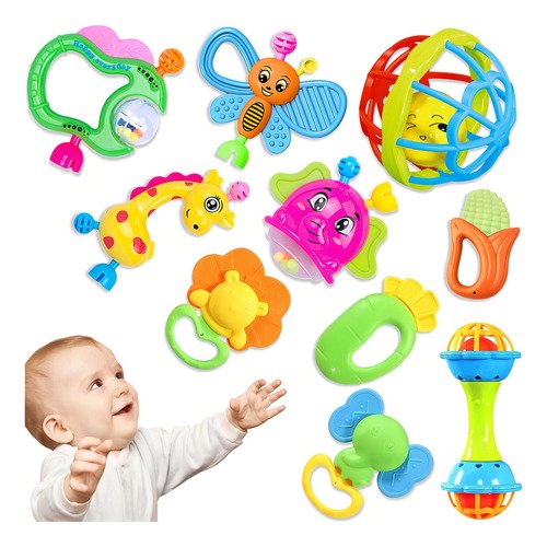 Sonajeros Y Mordedores Para Niño, 10 Pcs Juguetes De Estimulación Temprana Con Sonido, Lindo Divertidas Sonajas Tamaño Ideal Para Manos - $ 165